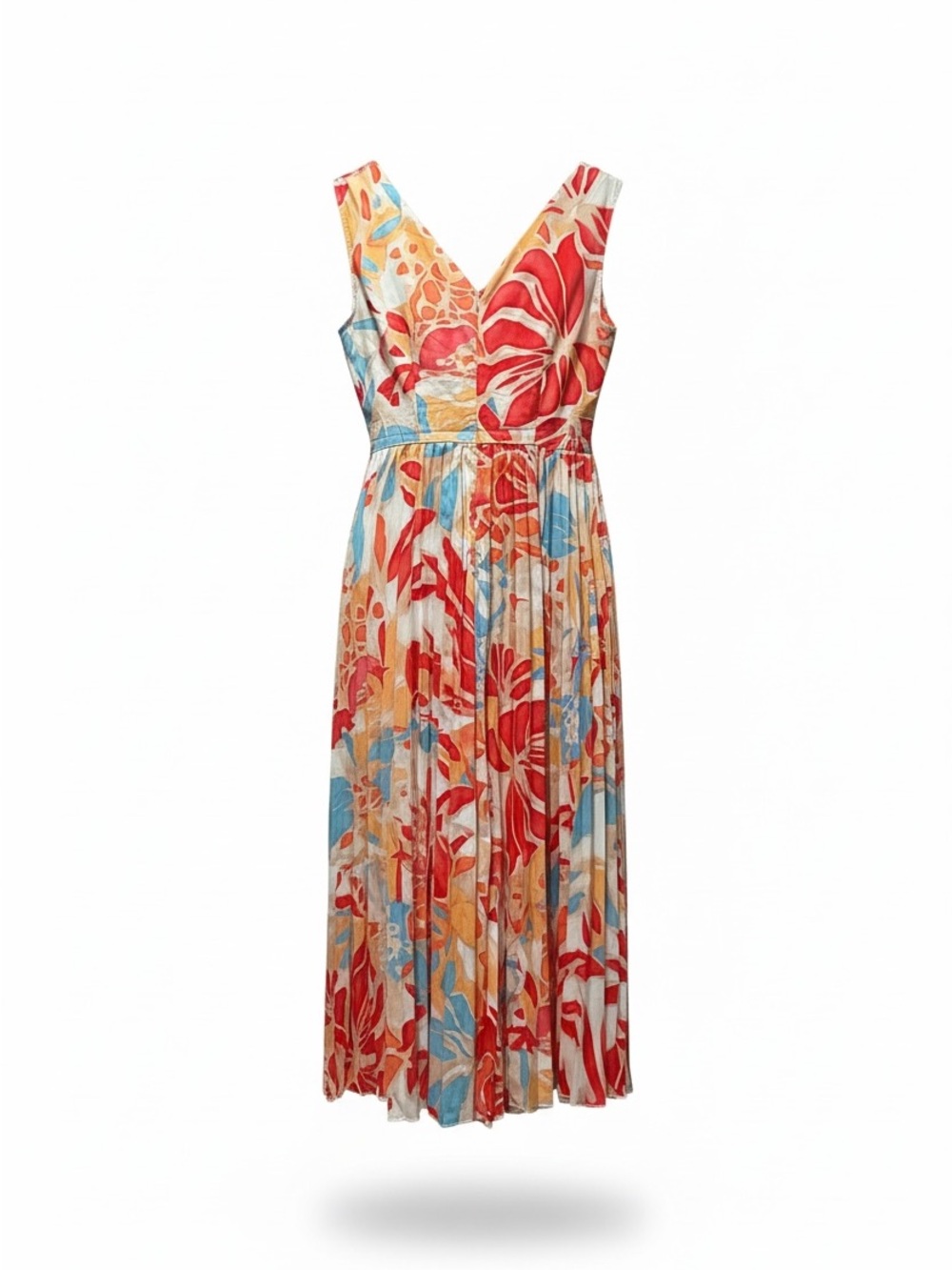 V-Neck Floral Pleated Midi Dress in Multi-Color